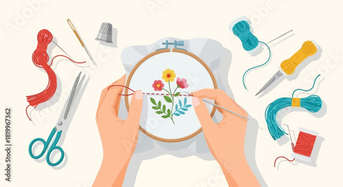 Crafting Beauty Embroidered Floral Design in a Hoop with Sewing Accessories