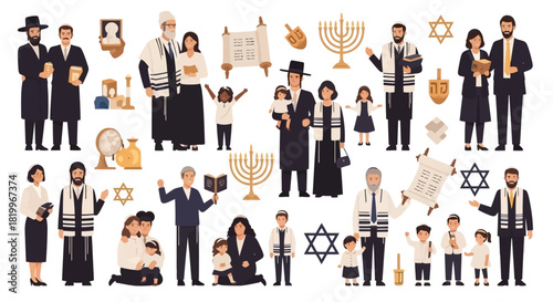 Jewish families and community figures in traditional settings with religious symbols such as Torah scrolls, menorahs, and Stars of David, celebrating cultural heritage and faith