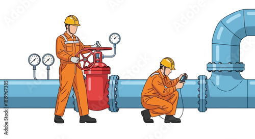 Industrial Workers Inspecting Large Pipeline Valves and Gauges in a Factory Setting