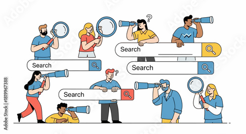 Diverse People Searching Online with Magnifying Glasses and Search Bars