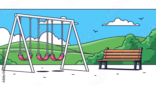 Bright illustration of a cheerful outdoor playground scene, featuring a swing set and a park bench under a blue sky, evoking carefree childhood joy and recreation