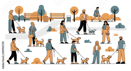 Set of flat design characters, men and women, strolling with their small dogs in a public park with trees and benches