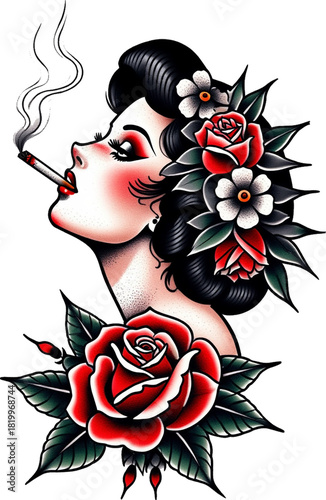 Classic pin-up girl tattoo design smoking a cigarette with bold traditional red roses.