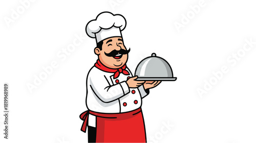 Cartoon chef holding a silver cloche serving delicious food.
