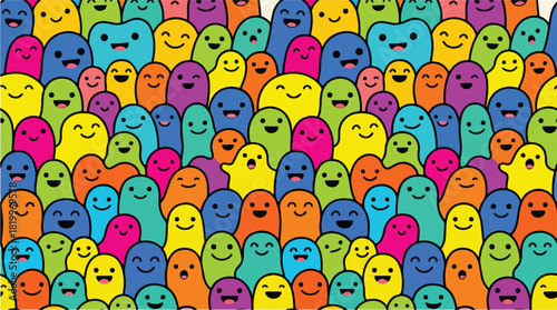 Colorful happy doodle monster crowd illustration.