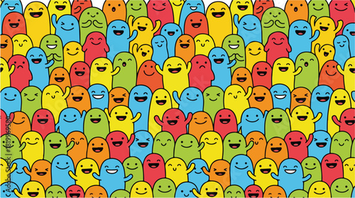 Colorful happy cartoon monsters crowd together in a cheerful pattern.
