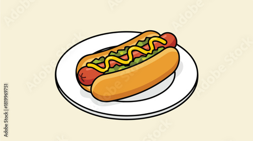 Delicious Hot Dog with Mustard and Relish on a White Plate.