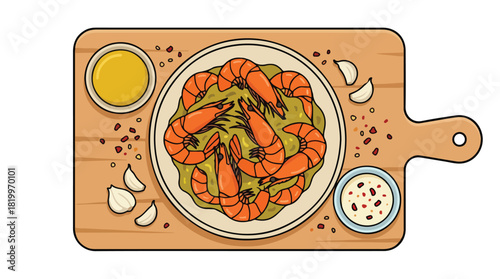 Delicious Shrimp Scampi with Garlic and Herbs on a Wooden Board.