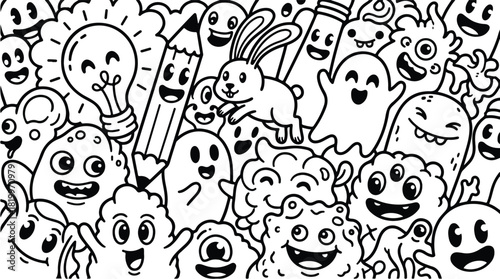 Hand drawn doodle monsters and characters background.
