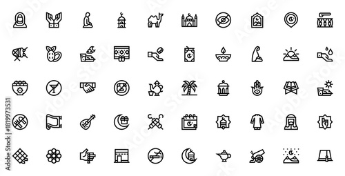 Ramadan icon set. Minimal vector symbols for Muslim,Mosque, Prayer, Fasting, Qran, Charity, Dates and moe. Editable line illustraton.