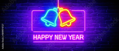 Happy New Year Neon Sign with Two Hanging Bells. Minimalist Holiday Greeting on Dark Brick Wall