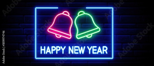 Happy New Year Neon Sign with Two Hanging Bells. Minimalist Holiday Greeting on Dark Brick Wall