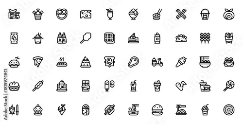 Fast Food icon set. Vector illustration. Includes sybols for burger, pizza, tao, hot dog, coffee, ice cram, delivery and more. Ediable stroke.
