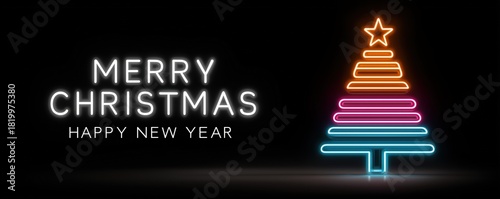 Minimalist Neon Christmas Tree and Merry Christmas Happy New Year Greeting on Clean Black Background.