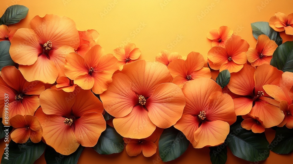 custom made wallpaper toronto digitalClose-up shot of vibrant orange hibiscus flowers accented by green leaves, set against a textured yellow background. Perfect for floral, nature, and tropical themes.