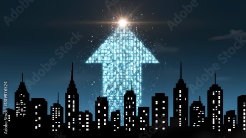 Symbolic Arrow Rises Above City Skyline in Glowing Digital Animation