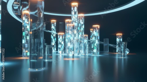 Glass Structures Displaying Light Animations and Data in Room
