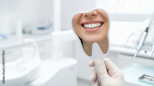 Bright smile reflected in a dental mirror during an appointment in a modern dental clinic, highlighting good oral health and patient satisfaction