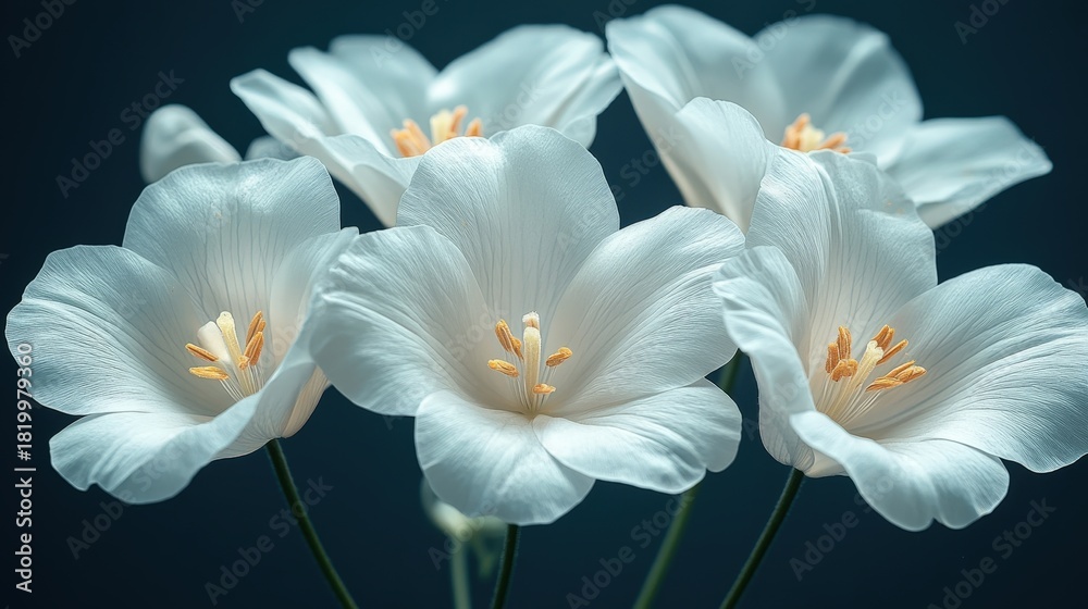 Fototapeta premium A group of delicate white flowers with bright golden centers is prominently displayed against a deep, dark background, creating a striking contrast and highlighting the floral beauty.