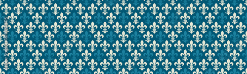 Elegant teal and white fleurdelis pattern. Perfect for sophisticated designs, textiles, or website backgrounds. This repeating motif evokes royalty, heritage, and classic style.