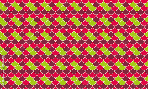 Vibrant geometric pattern featuring a repeating scale design in red and green hues.  Ideal for textile prints, website backgrounds, or any project needing a bold, playful aesthetic.