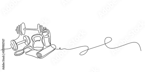Essentials of Motion, A continuous line drawing of dumbbells, kettlebell, mat, bottle, and resistance band