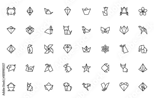 Origami icon set. Vector paper folding symbols. Incldes crane, boat, flower, aimals like fox, rabbit, swn, and more. Clean, minimaist design.