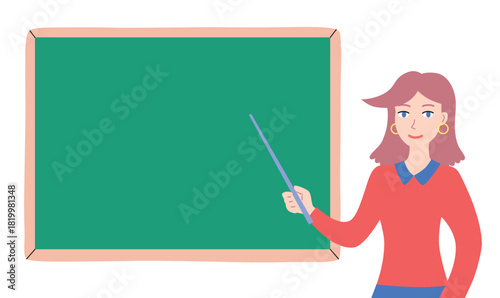 Teacher woman showing at a chalkboard with a pointer illustration isolated vector