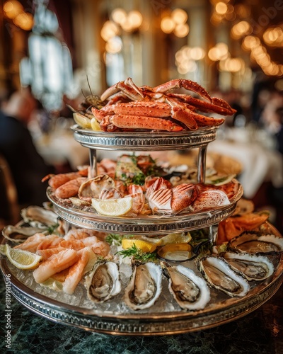 Luxurious Multi-Tiered Seafood Tower with Fresh Crab, Oysters, Salmon, and Shrimp in an Elegant Fine Dining Restaurant.