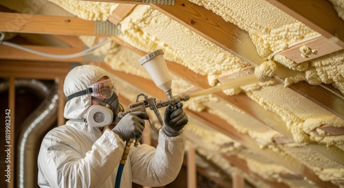 Worker in protective suit spraying foam insulation on wooden attic ceiling for energy efficient home renovation and thermal protection against heat loss and noise indoors construction