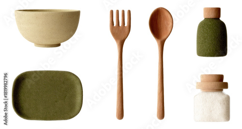 Simple Artisan Kitchen Set with Ceramic Bowl and Wooden Spoon on Transparent Background