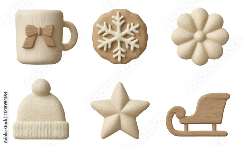 Six Soft Carved Wood Icons for Winter Theme on Transparent Background