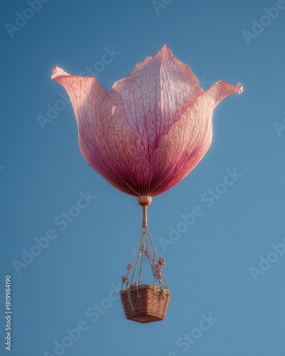Whimsical Pink Tulip Hot Air Balloon Floating Against Clear Blue Sky.