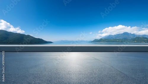 Abstract Architecture Design Of Modern Building Empty Parking Area Floor And Concrete Wall With Mountain And Blue Sky Lake View 3D Rendering Background Image For Car Scene