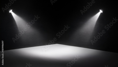 Empty Black And White Studio Room With Single Bright Spotlight Illuminating Corner Background For Product Display