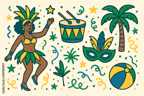 Colorful brazilian carnival celebration with dancing female and festive elements