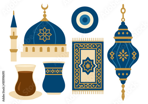 Traditional middle eastern symbols: mosque, lantern, evil eye, tea glass, vase, and rug