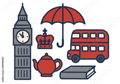 Iconic london symbols: big ben, double-decker bus, crown, umbrella, teapot, book