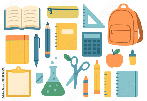 Colorful school supplies collection with backpack, books, and stationery items