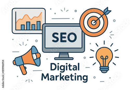 Seo digital marketing strategy with graphs and target icons