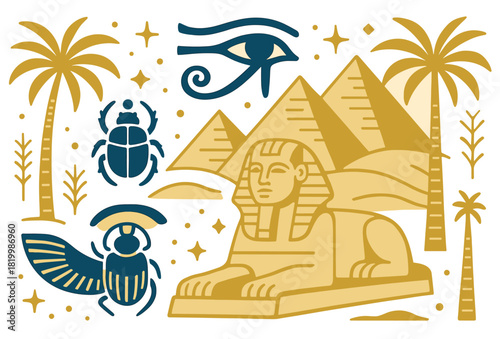 Ancient egyptian symbols with pyramids sphinx eye of horus and scarab beetles