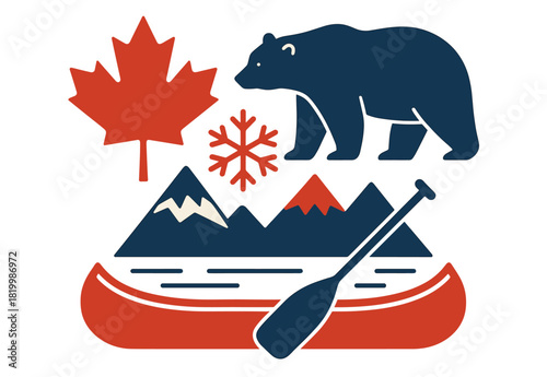 Canadian symbolism: bear, mountains, canoe, and maple leaf