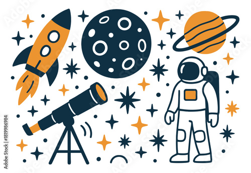 Cartoon space exploration with astronaut and rocket in cosmic scene