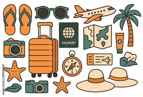 Travel essentials: luggage, passport, airplane, compass, vacation symbols