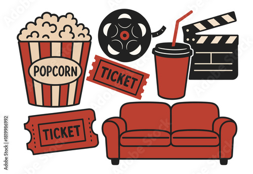 Home movie night: popcorn, tickets, soda, film reel, clapperboard, sofa illustration