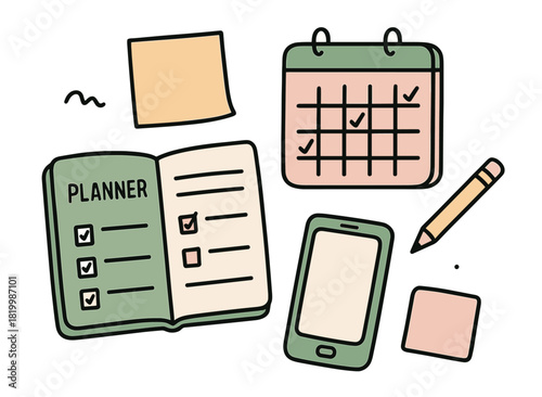 Illustrated organizer with planner, calendar, and smartphone for productivity