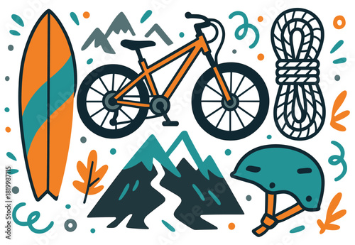 Adventure gear: bicycle, surfboard, climbing rope, mountains, and helmet illustration