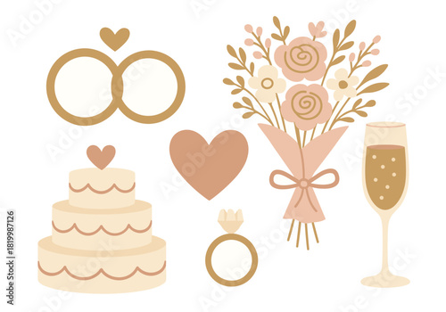 Wedding celebration symbols: cake, rings, bouquet, heart, champagne glass