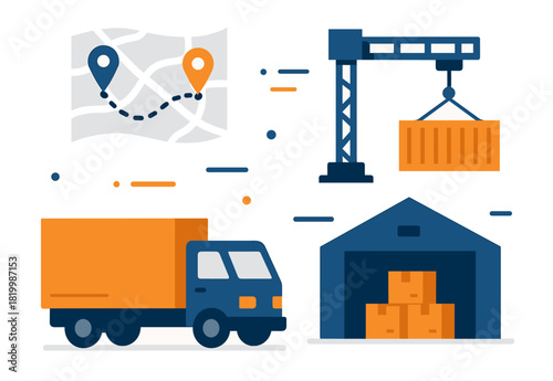 Logistics and shipping: truck, warehouse, container, map icon representation