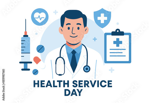 Caucasian male doctor surrounded by medical icons celebrating health service day